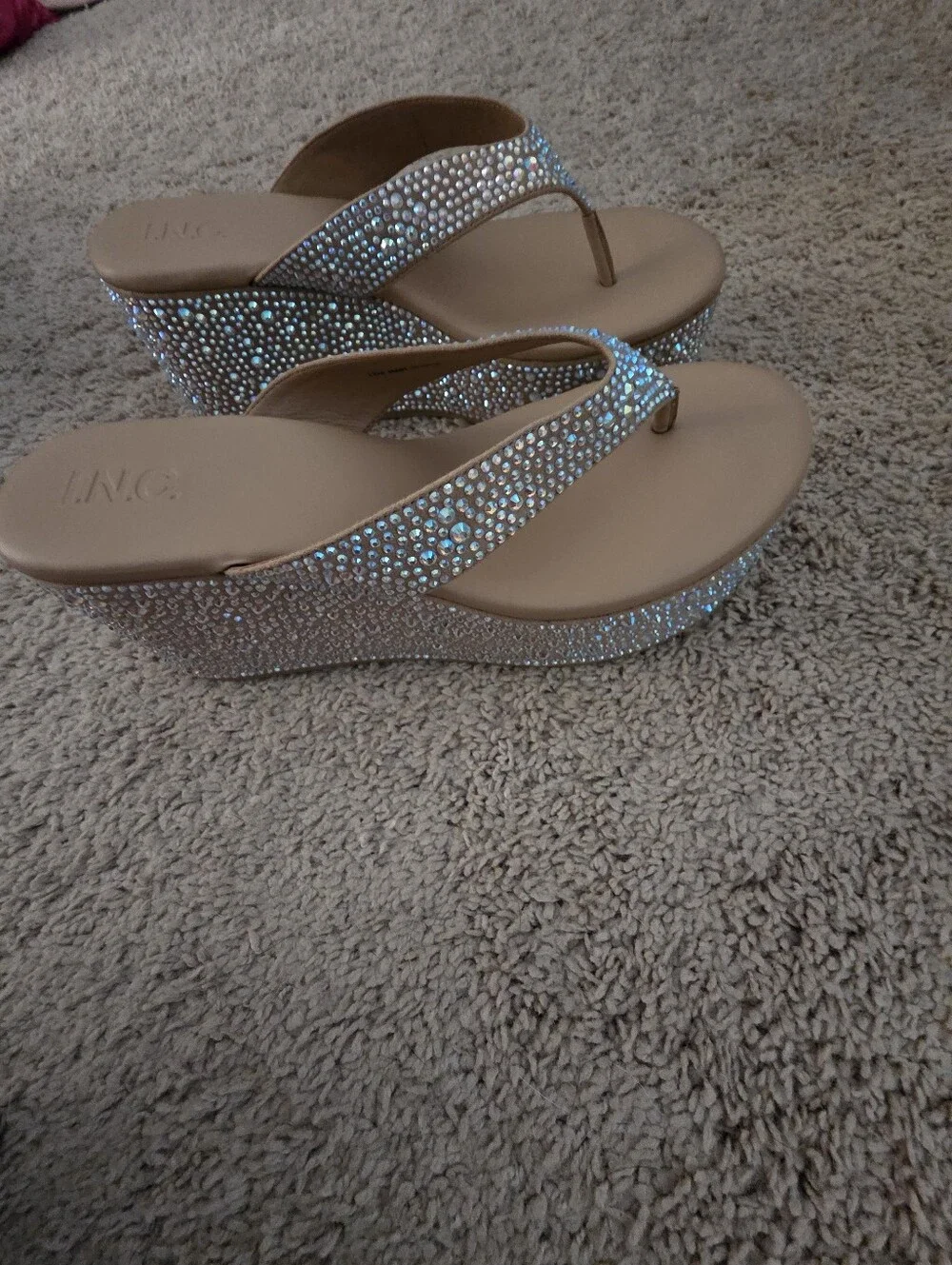 Beige Crystal Embellished Wedge Flip Flops - Brand: